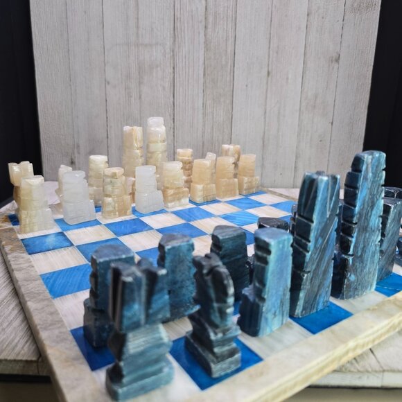 Vtg Aqua Blue White Marble Chess Board Carved Pieces Complete Set 13.5" x 13.5" - Picture 12 of 15